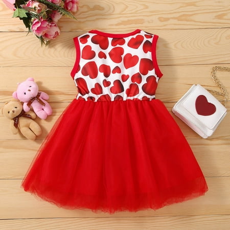 

kpoplk Dresses For Baby Girls Toddler Girls Sleeveless Valentine s Day Hearts Printed Bowknot Tulle Short Sleeve Toddler Dress(Red)