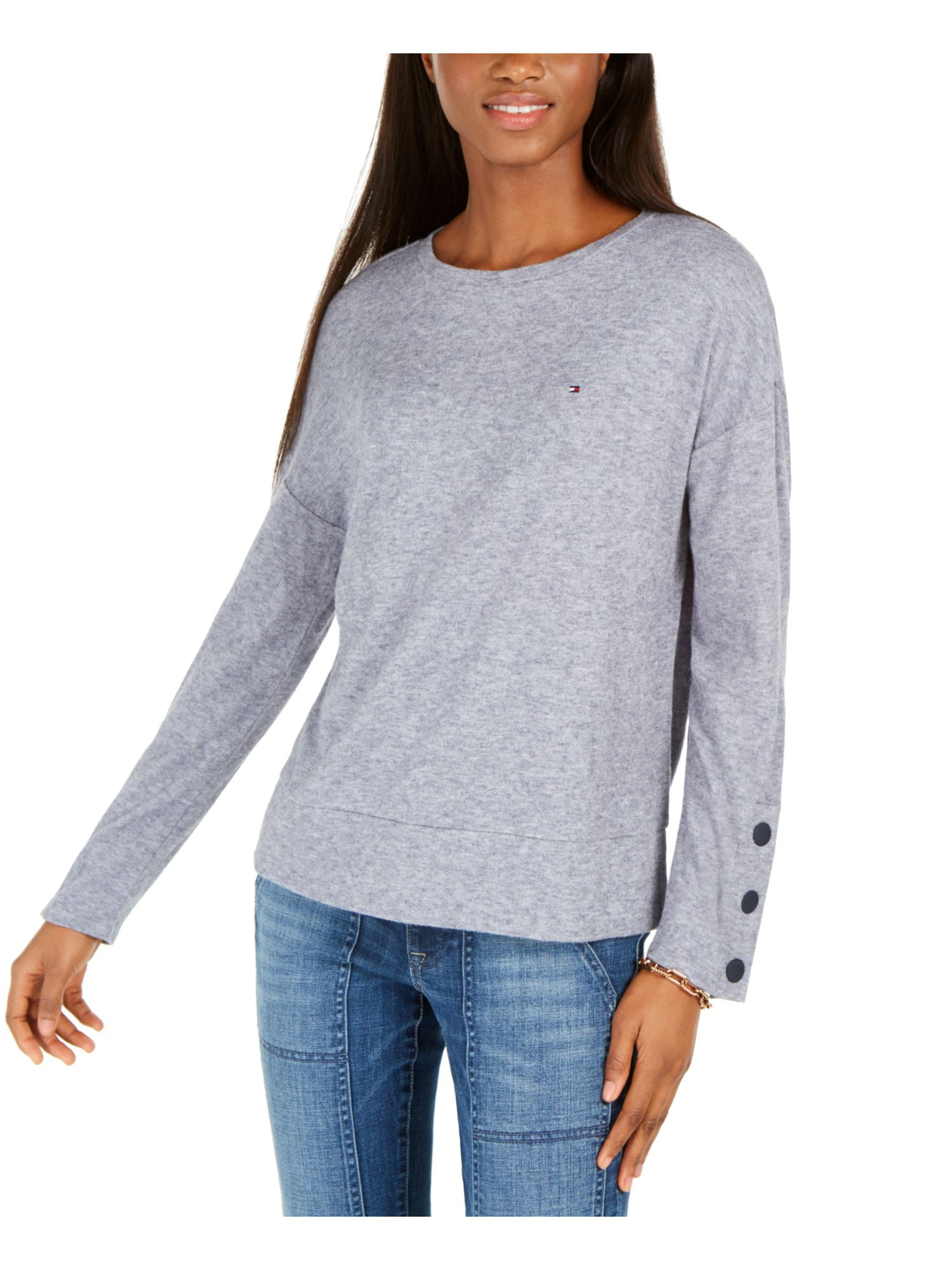 Grey Heather Medium Tommy Hilfiger Womens Long Sleeve Solid Crewneck T-Shirt
