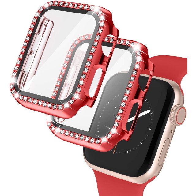2 Pack Apple Watch Case with Tempered Glass Screen Protector for Apple Watch 40mm, Bling Diamond Rhinestone Bumper Full Cover Protective Case Compatible with iWatch Series 6/5/4/SE, Red
