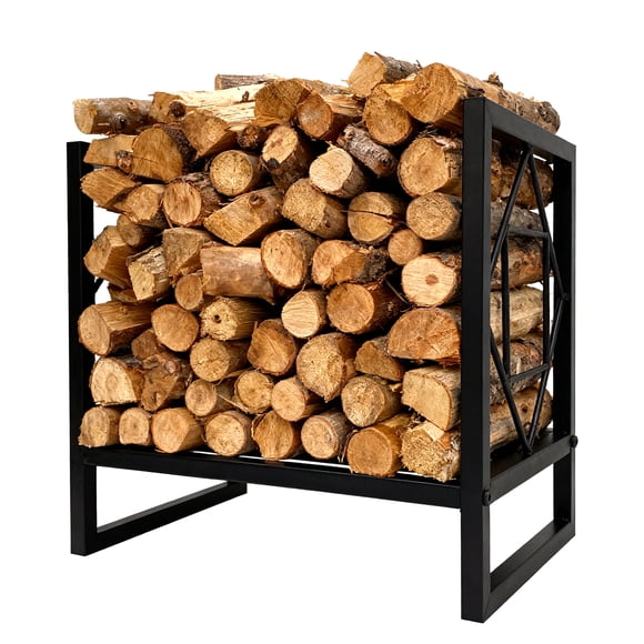 Estante para leña, Soporte para leña –Metal Negro, Compacto y Ventilado, Anticaídas, Decorativo, W44.5xD30xH40cm, para Interiores o Exteriores, Ideal para Chimenea, Estufa, Terraza o Jardín