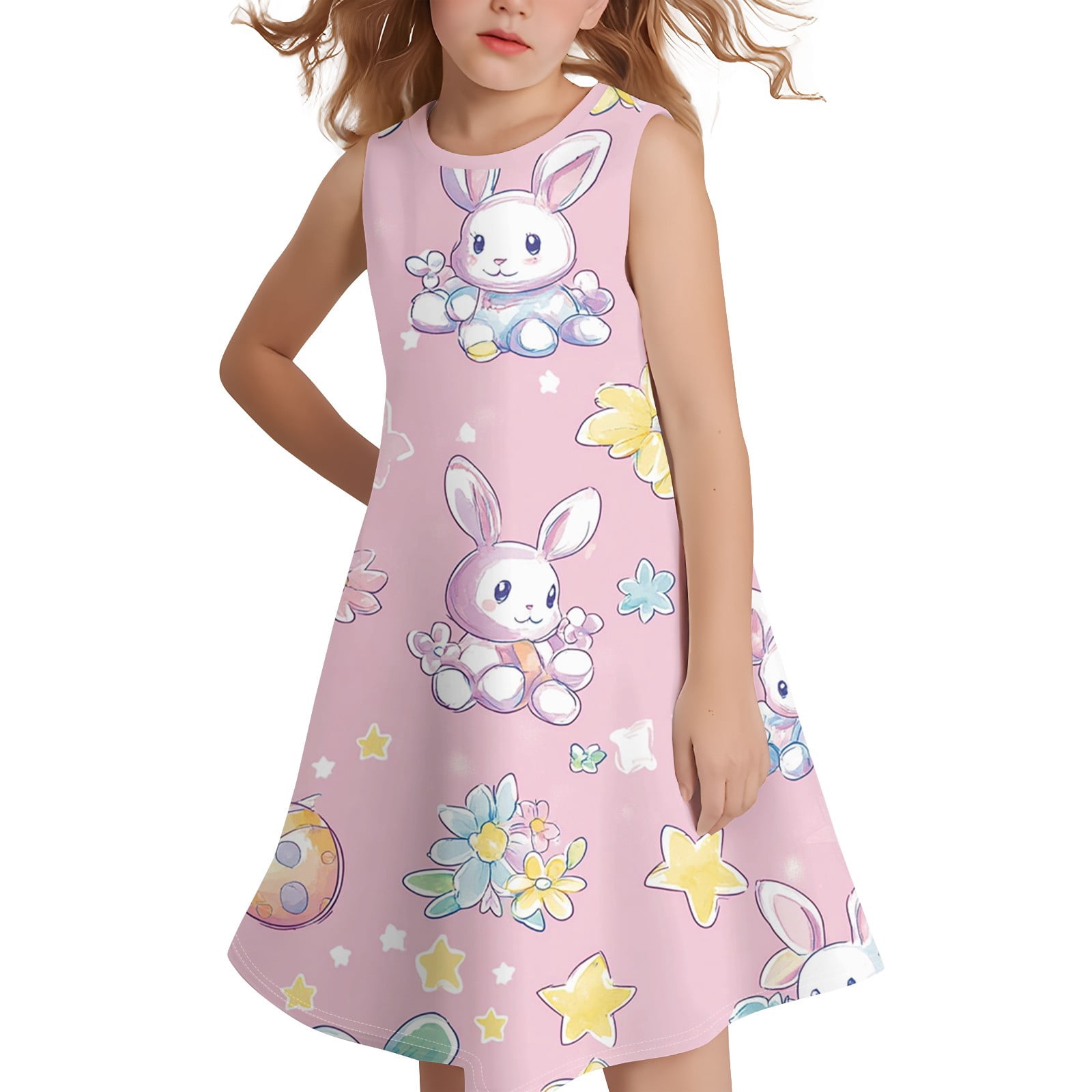 HAJWOH Easter Dresses for Girls Cartoon Bunny Print Sleeveless Spring Summer Dress Funny Crew Neck Midi Dress Casual Comfortable A-Line Dress Pink 7-8 Years