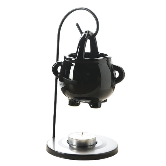 Xecvkr Hanging Ceramic Witch Cauldron Oil Lamp Aroma Wax Melter Diffuser Tea Light Candle Fragrance Black Matte Room Table Home Party Gift Iron Frame 1pc 7.9x3.9x2.6in