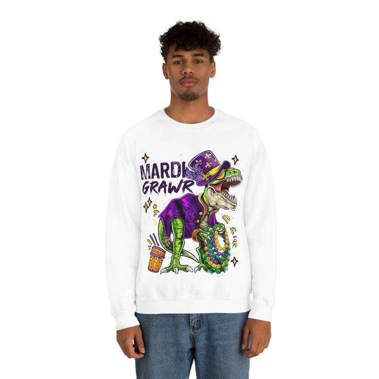 Familyloveshop LLC Mardi Grawr Dinosaur T Shirt, Mardi Gras Bead Costume T- Shirt, Fat Tuesday Shirt, Saints Shirt, Men Women Graphic Sweatshirt 