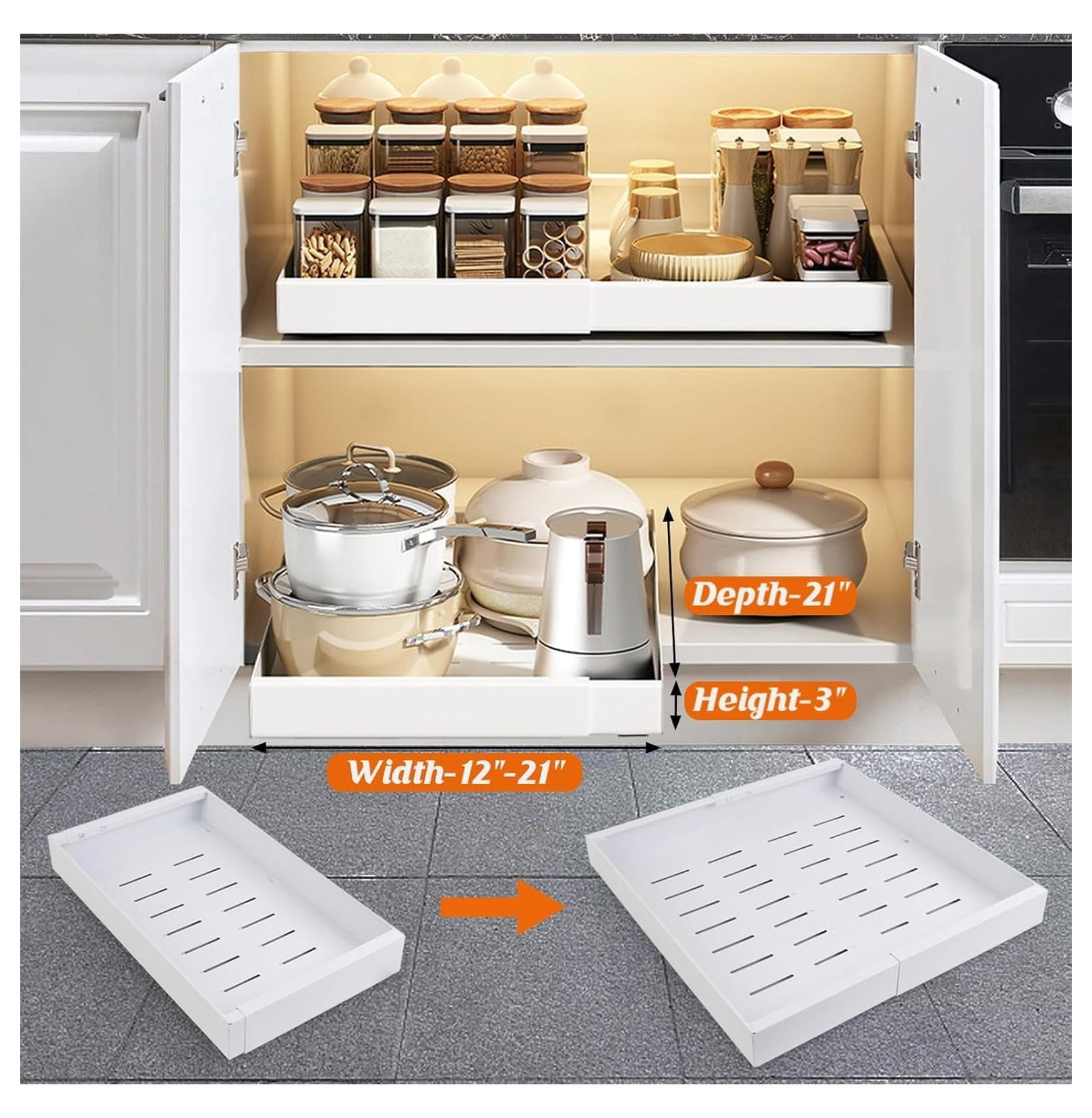 Pull Out Cabinet Organizer 2PC, 21" Deep Expandable Shelves (12-21") for Kitchen, Bathroom, Under Sink - Adhesive & Screw Installation
