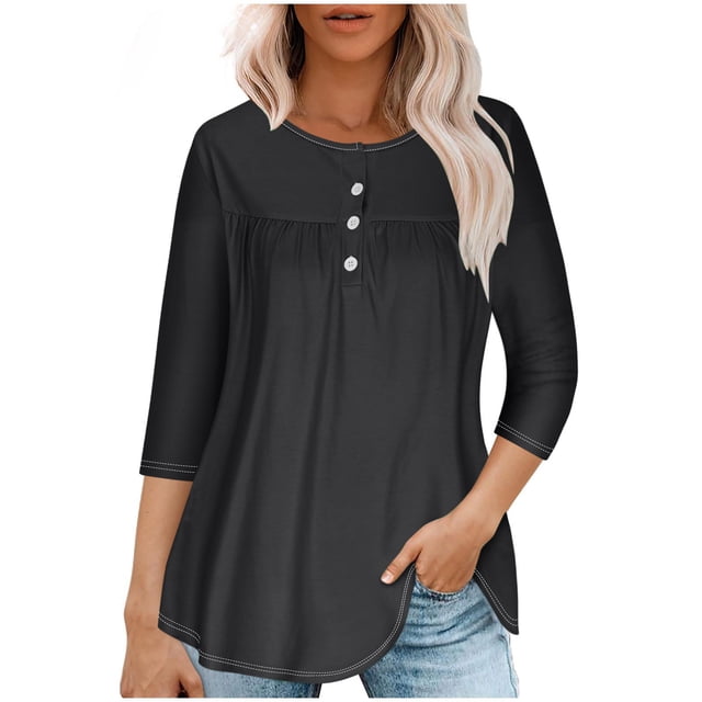 RXIRUCGD T-shirt d'Été Décontracté pour Femmes Manches Trois-Quarts Col Rond Froncé Blouse, Noir, Taille : m