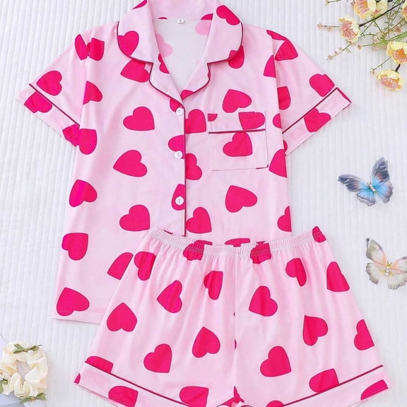 Womens Pajamas Set Valentines Theme Print Casual Shirts and Shorts Soft Comfortable 2 Piece Sleepwear for Women Pink L