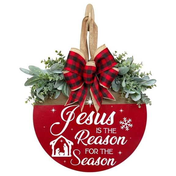 Jesus Is the Reason for the Season Christmas Door Sign, 12 inch Wooden Front Door Hanger with Buffalo Plaid Bow & Faux Greenery, Farmhouse Decor