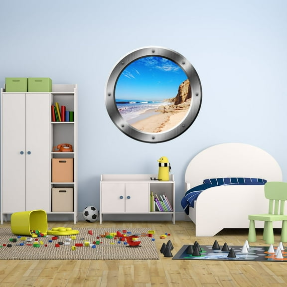 VWAQ Sandy Beach Wall Decal 3D Ocean Porthole Peel And Stick Mural VWAQ-SP32 (24" Diameter)