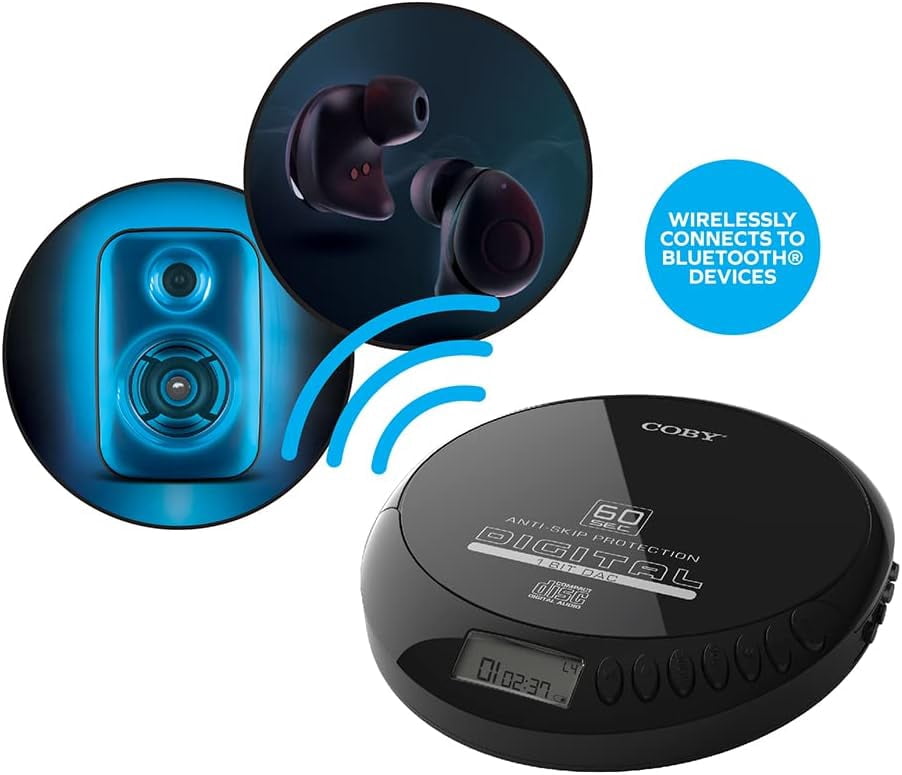 Coby CD Player Portable Bluetooth CD Player for Car, Headphones, FM, AUX, MP3 Anti-Skip CD Player for Home, Compact Discman, Rechargeable, Lightweight