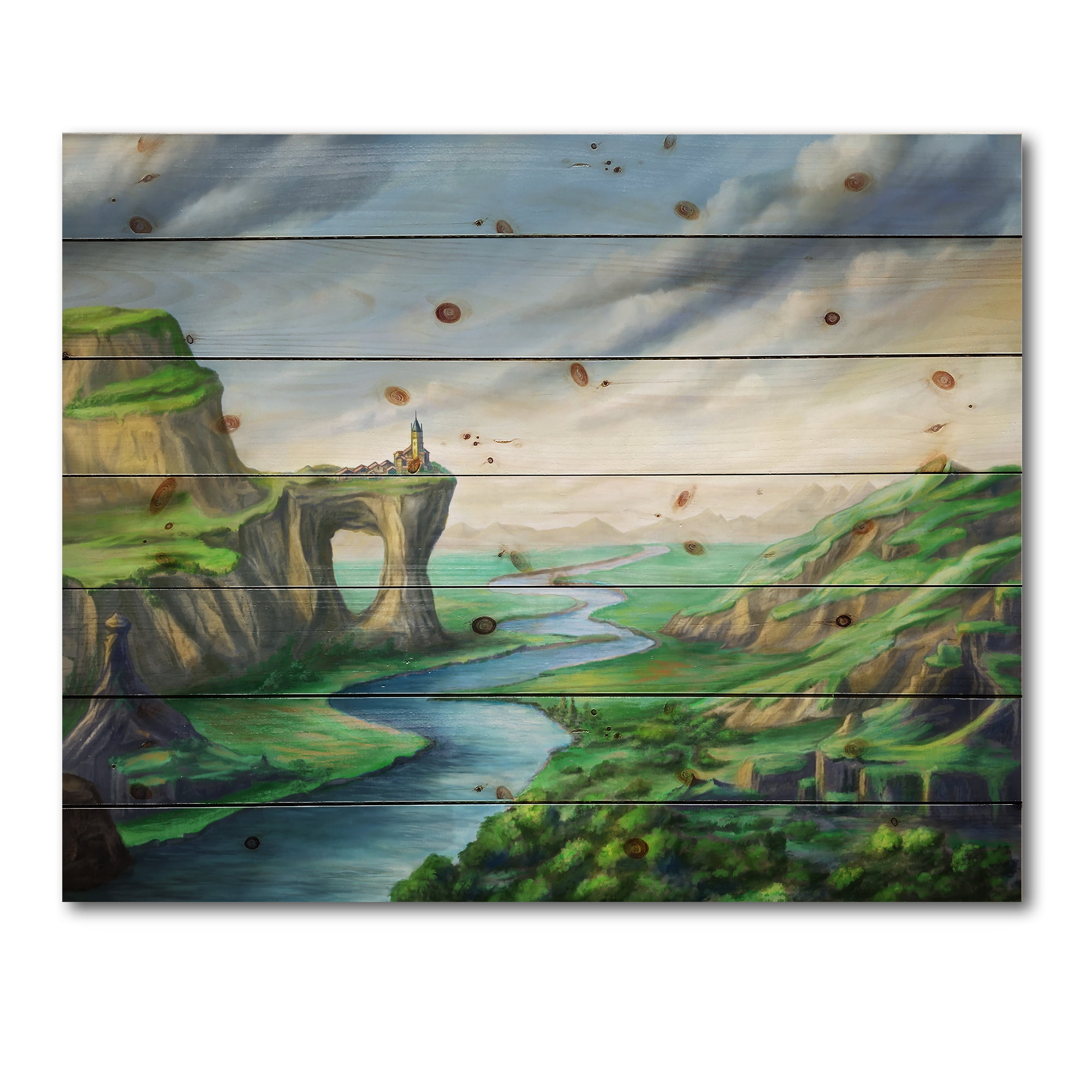Designart 'Meandering River With Blue Fantasy Landscape' Lake House Print on Natural Pine Wood