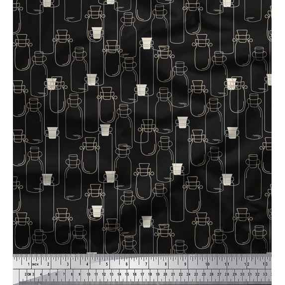 Soimoi Black Poly Georgette Fabric Jar & Bottle Kitchen Printed Fabric 1 Yard 42 Inch Wide
