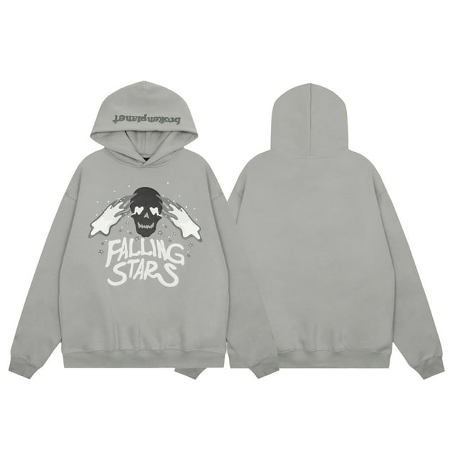 Sweat à Capuche en Velours Imprimé Lettres Planète Cassée Décontracté Ample-24721 Gris-TG