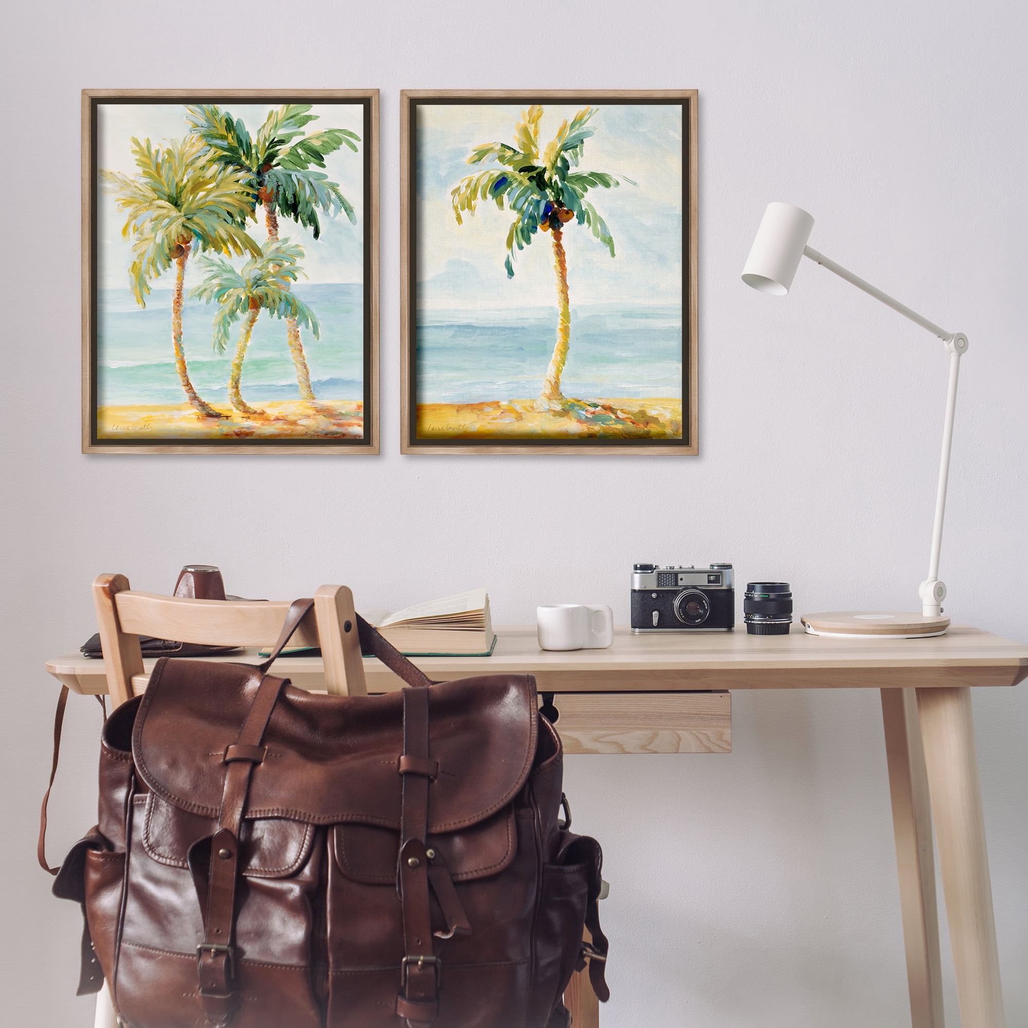 Stupell Industries Tropical Palms Calm Ocean Landscape & Nature Painting Brown Floater Framed Canvas Art Print Wall Art, 31 x 25, Set of 2