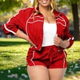 thumbnail image 2 of 2 Piece Tracksuit Set for Women Zip-Up Cropped Jacket and Drawstring Shorts with Contrast Piping Casual Outfit Red S, 2 of 9