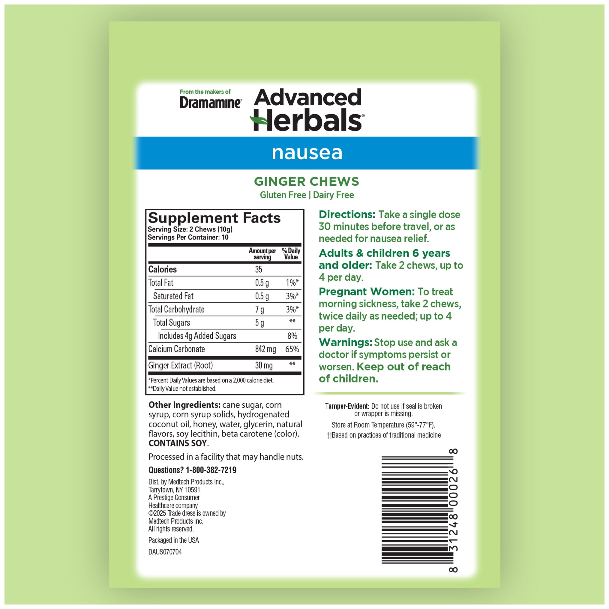 Advanced Herbals by Dramamine, Ginger Chews, Nausea Relief Soft Chews Lemon-Honey-Ginger, 20 Ct