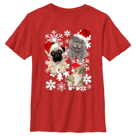 Boy's Lost Gods Christmas Cat and Dog Snowflake Adventure  Graphic Tee Red Small