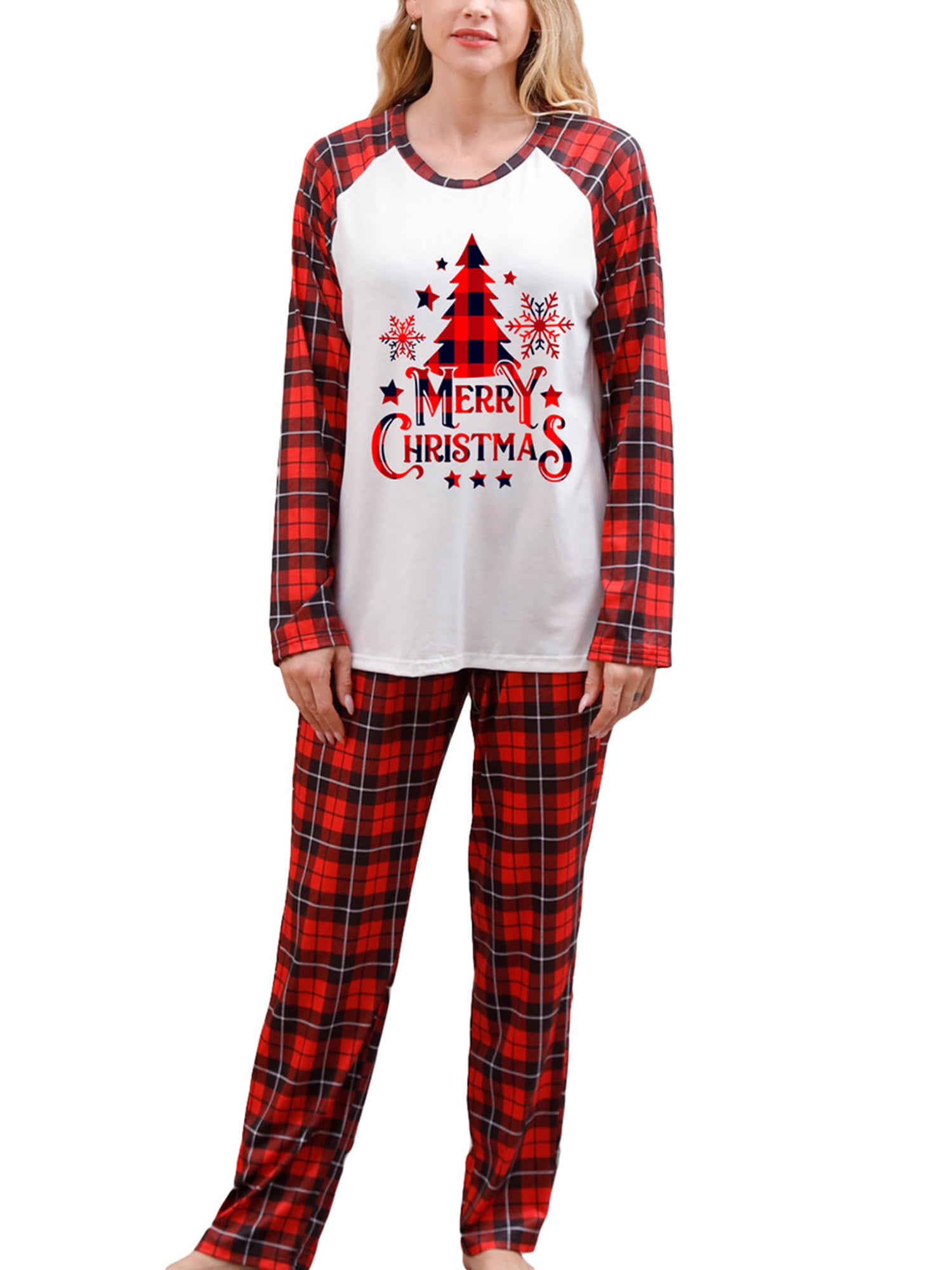 Christmas Pajamas for Family Long Sleeve Snowflake Tree Print Tops + Plaid Pants Set Winter Sleepwear