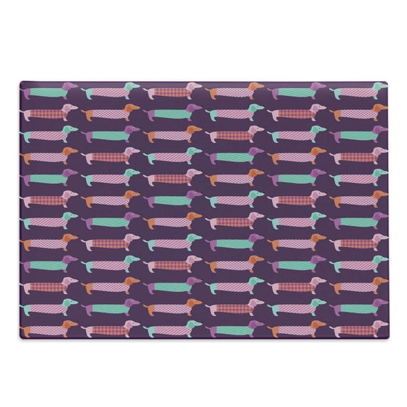 Dachshund Cutting Board, Sixties Inspired Color Palette Abstract Pet Puppies Pattern Funky Animals, Decorative Tempered Glass Cutting and Serving Board, Large Size, Multicolor, by Ambesonne