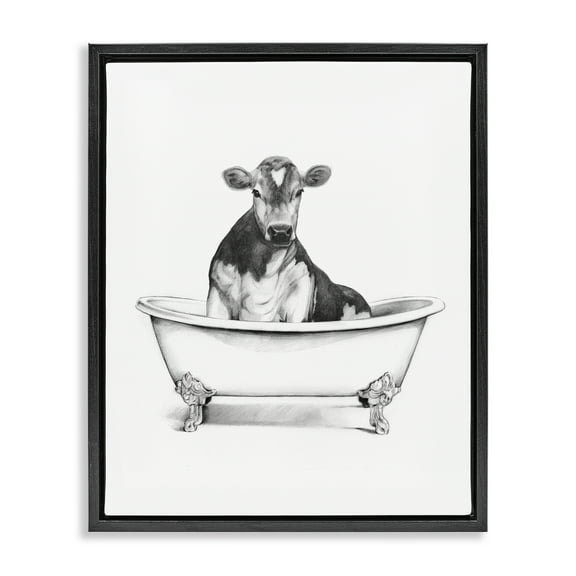Stupell Industries Antique Tub with Cow Bath & Laundry Painting Black Floater Framed Canvas Art Print Wall Art, 17 x 21