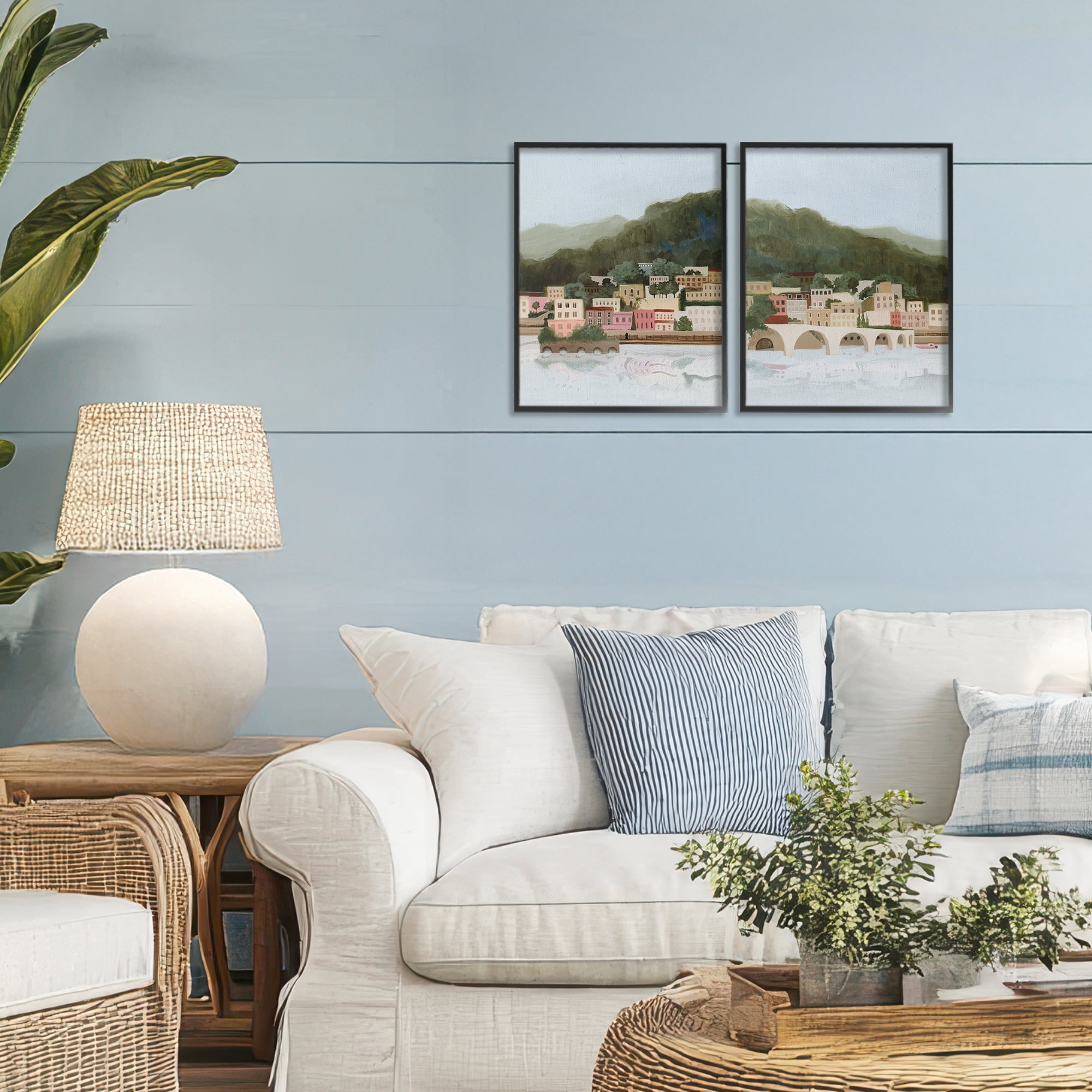 Stupell Industries Mountain Town by Sea 2 Piece Black Framed Giclee Art Set, design by Grace Popp