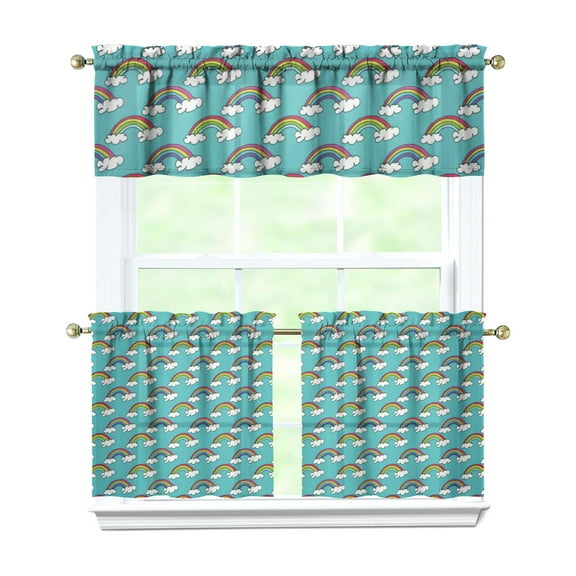 3 PCS Cute Cartoon Kitchen Curtains Set - Fun Kawaii Rainbow Animals & Space Design, Semi-Sheer Tier Curtains with Valance for Kids Room, Farmhouse Window Treatment Panels (54x18 & 27.5x24 Inch)