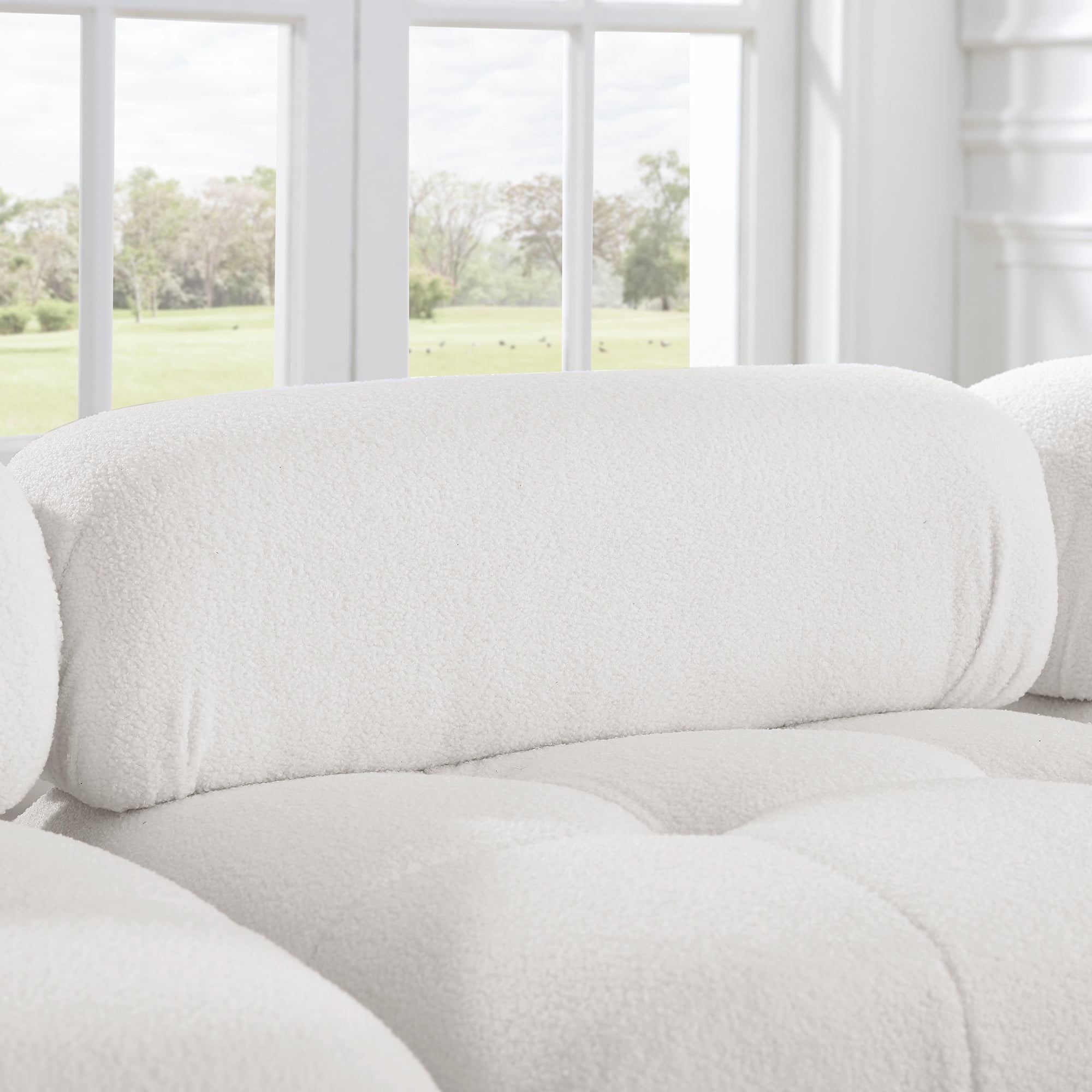 Aukfa 93" Sectional Sofa, Living Room Modular Couch with Ottoman, Pillow Top Arms, Teddy Fleece, Ivory