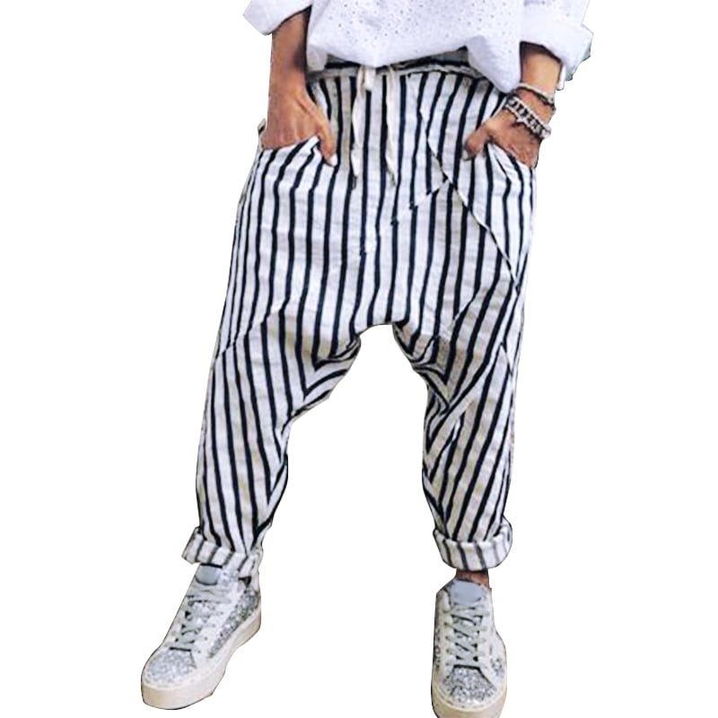 striped trousers womens black and white