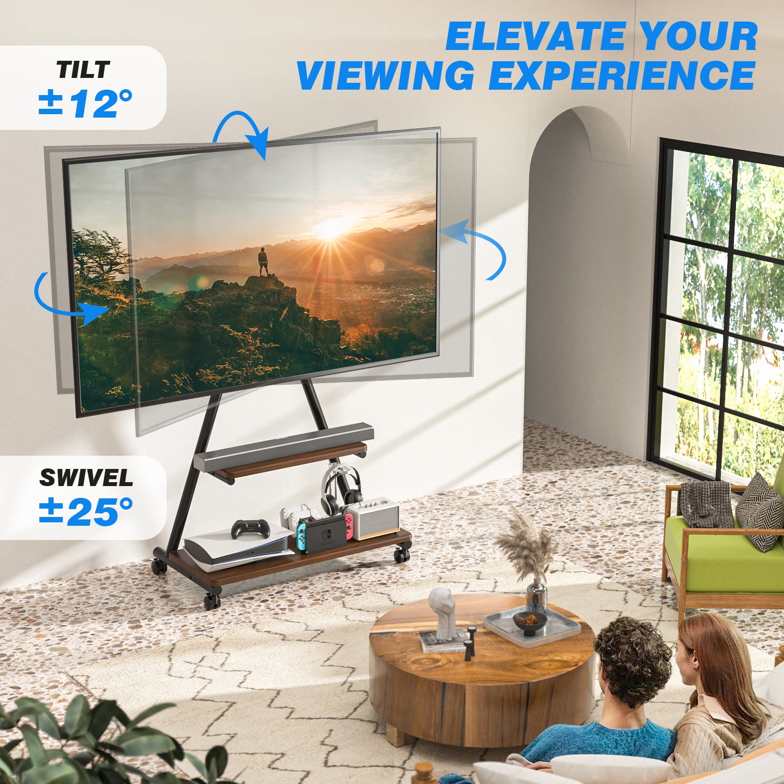TAVR Furniture Rolling TV Stand for 43-80 inch, Portable TV Stand on Wheels with Enhanced Triangular Design up to 150lbs, Height Adjustable, Brown