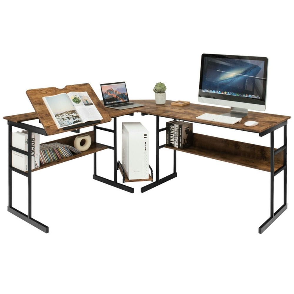 Demi Bonn L-Shaped Computer Desk with Tiltable Tabletop, Small Home Office Desk Study Writing Table, Rustic Brown