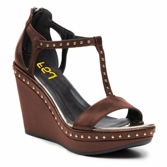 FSJ Women T-Strap Studded Wedge High Heels Open Toe Platform Back Zipper Sandals Fashion Cocktail Party Summer Shoes Size 8 Brown
