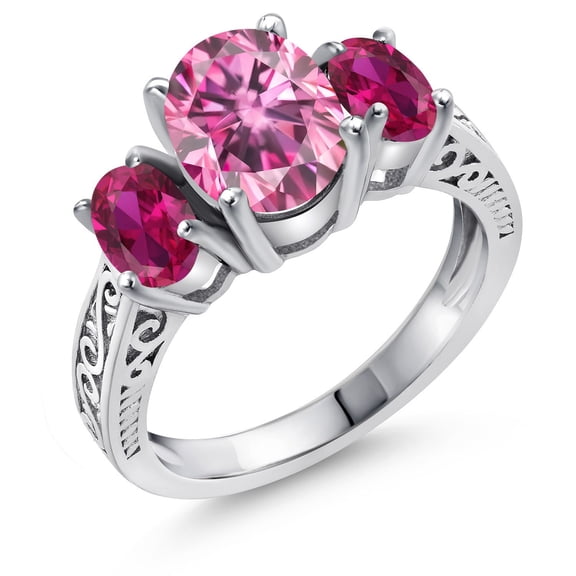 Gem Stone King 925 Sterling Silver 3-Stone Ring Oval Pink Moissanite and Created Ruby Red (3.00 Cttw, Size 6)