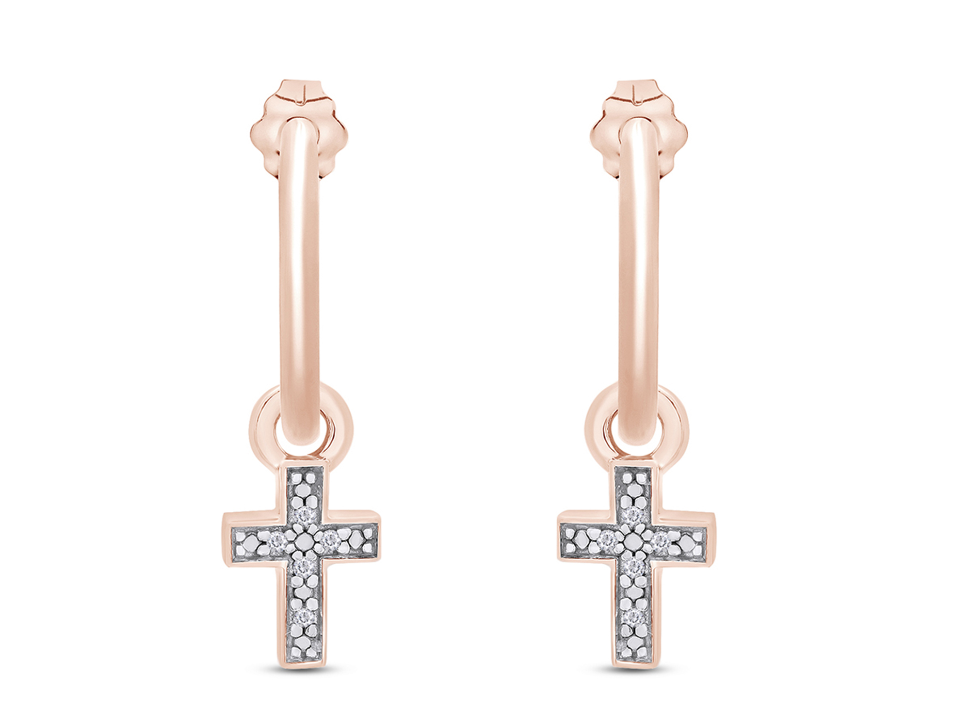 AFFY 1/20 Carat Round Cut Natural White Diamond Accent Cross Hoop Earring Charms In 14K Rose Gold Over Sterling Silver (J-K Color, I2-I3 Clarity)