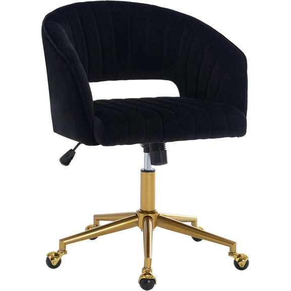 Home Office Swivel Desk Chair, Modern Velvet Desk Chair, Height Adjustable Armchair with Gold Base, Ergonomic Office Chair for Living Room Vanity Study Computer Room, Black