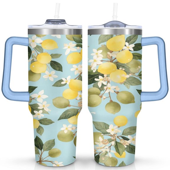 Cup with Handle and Straws 40 oz Stainless Steel Lemon Travel Cup Birthday Present for Women Girls Daughter Mom Gifts for Him/Her Water Bottle