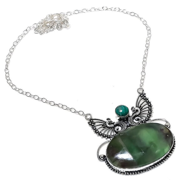 Natural Nepharite, Malachite Handmade 925 Sterling Silver Necklace 18"