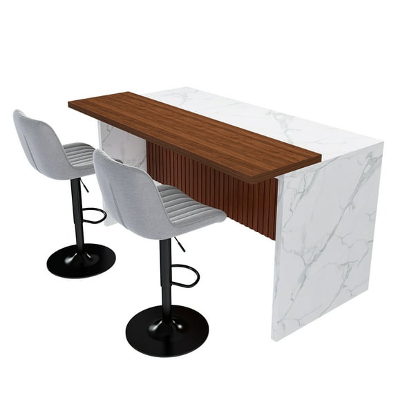 63" Kitchen Island with LED Lights, Grill, White Marble Top & 2 Gray Stools