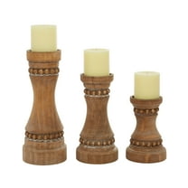 DecMode 3 Candle Brown Wood Beaded Pillar Candle Holder, Set of 3