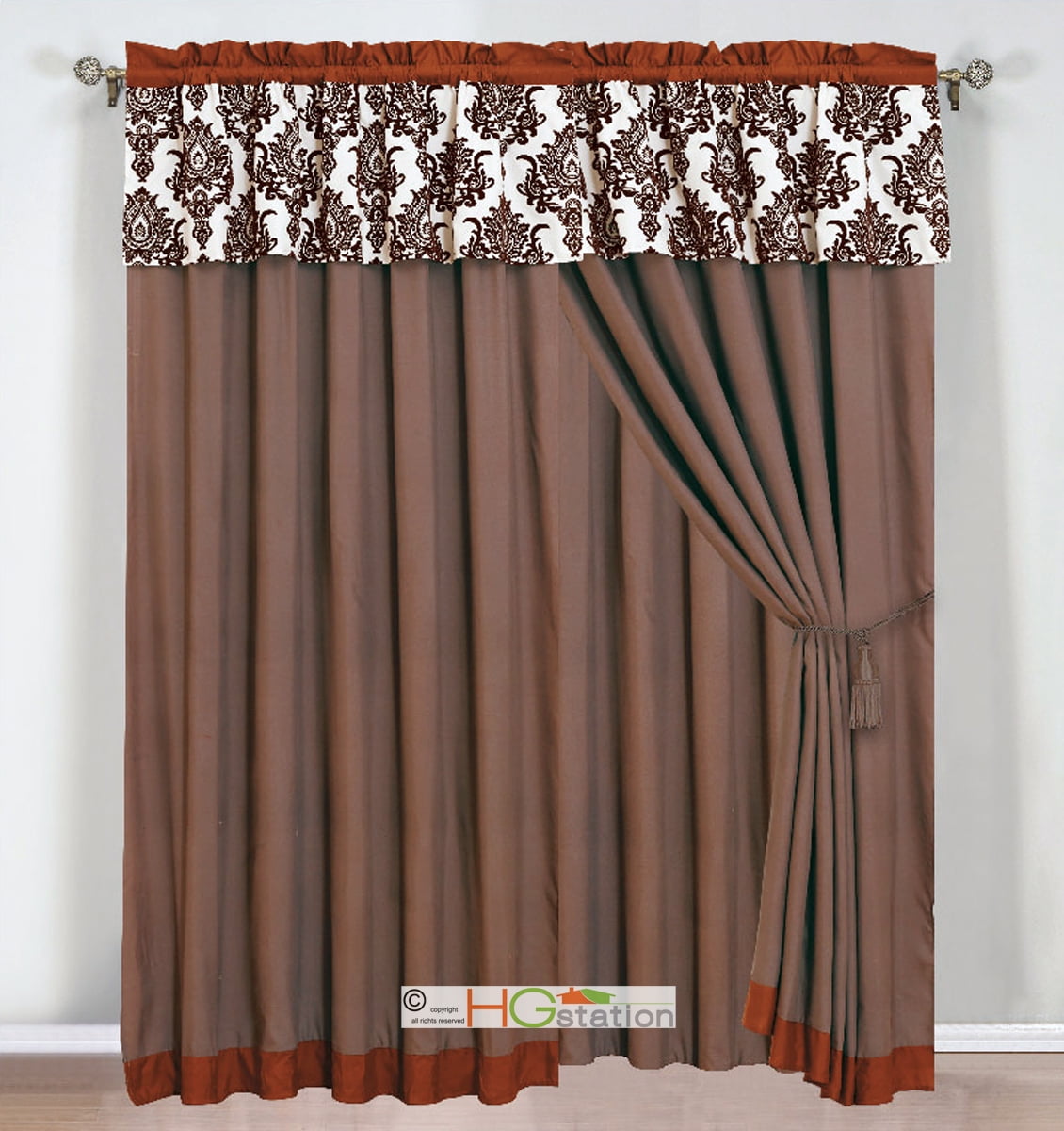 4-Pc Paisley Floral Embroidery Curtain Set Brown Khaki Beige Valance Sheer Liner