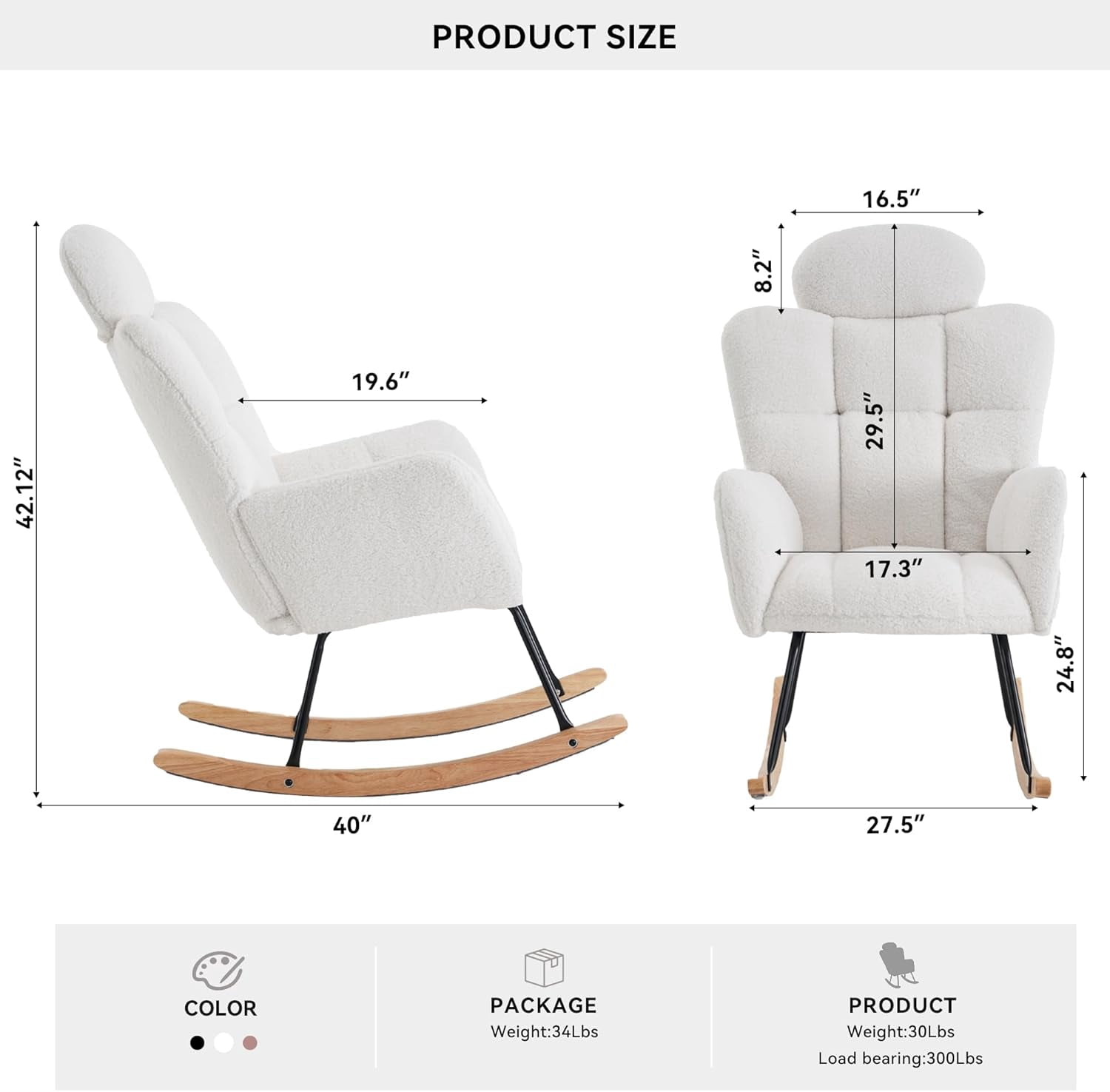 Rocking Chair Nursery Teddy Upholstered Glider Rocker High Backrest Nursery Rocker Comfortable Armchair