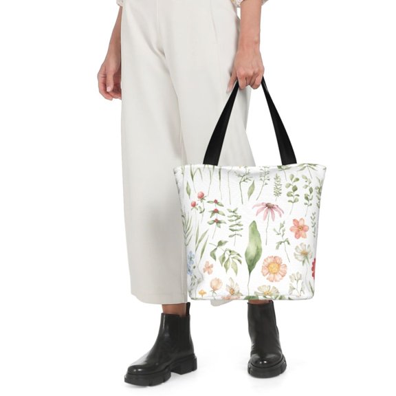 Horeoi Wildflower Watercolor 2 Print Shoulder Bag for Women Large Capacity Zipper Tote for Shopping Beach Travel Gym with Inner Pocket