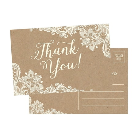 50 4x6 Kraft Thank You Postcards Bulk, Cute Rustic Matte Blank Thank You Note Card Stationery Set For Wedding, Bridesmaid, Bridal Baby Shower, Teachers, Appreciation, Religious, Business,