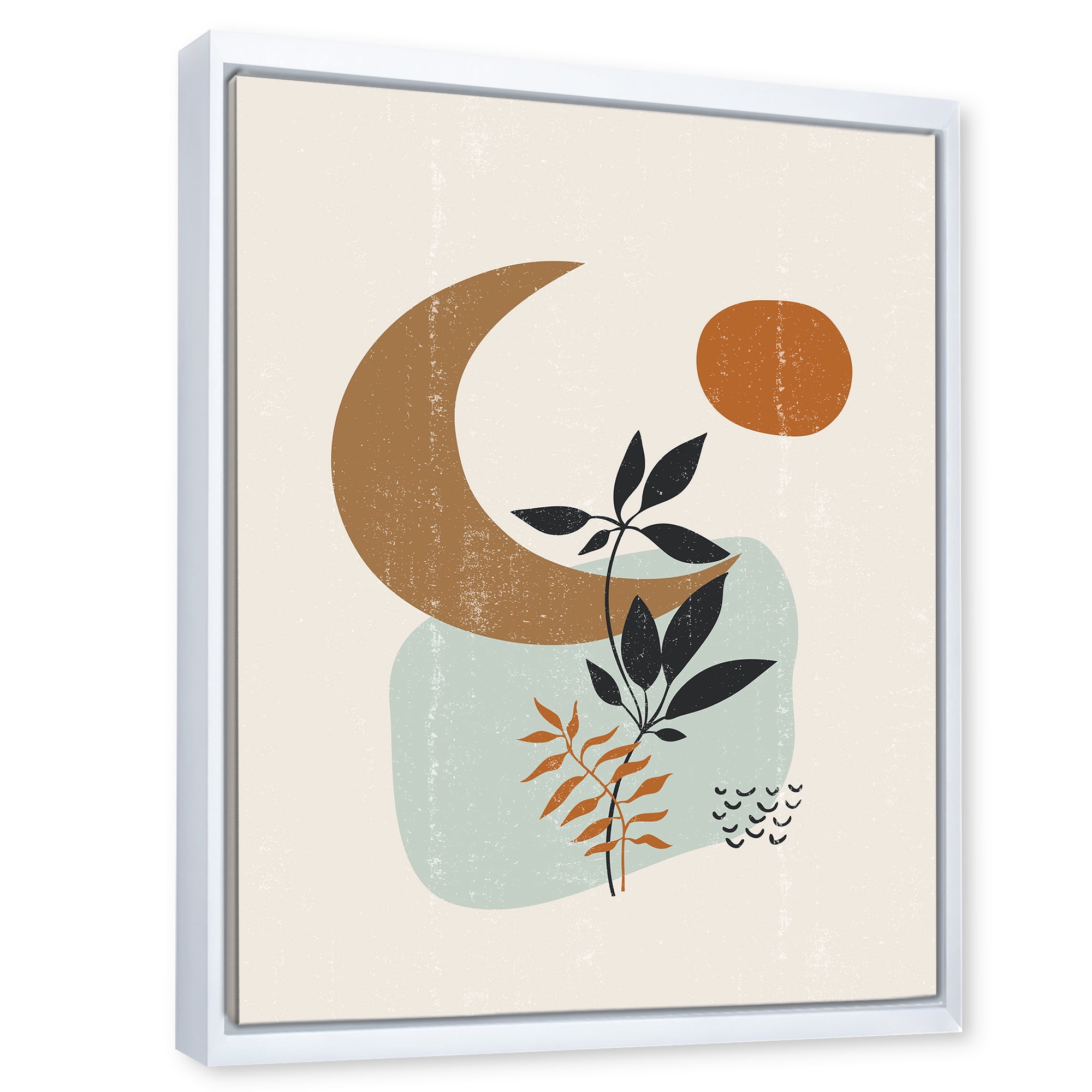 Designart 'Abstract Moon and Sun With Minimal Plants' Modern Framed Canvas Wall Art Print