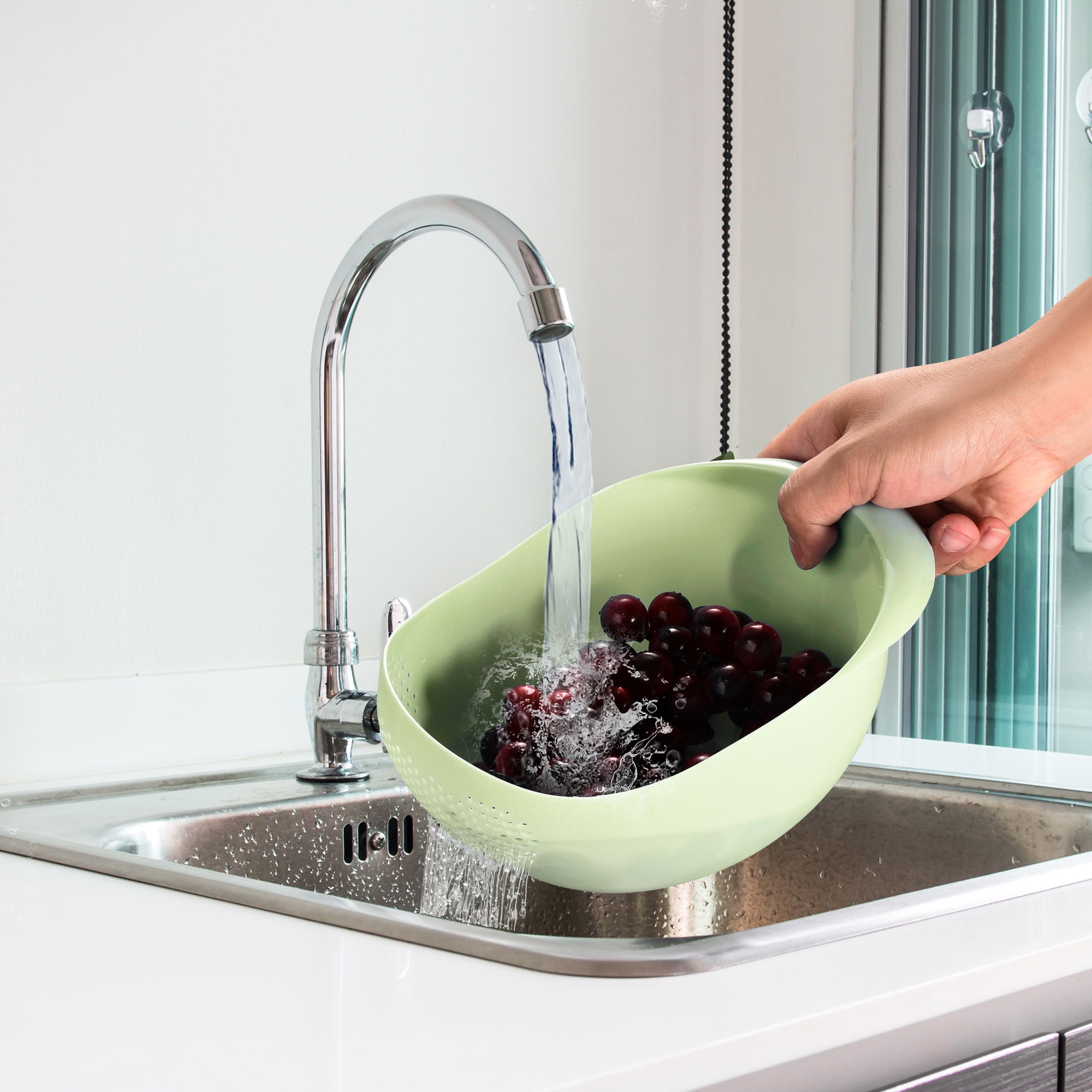 Unique Bargains Strainer Colander Fruit Washing Bowl Drain Basket with Handle Green 22 x 16.5 x 12 cm