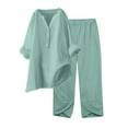 thumbnail image 2 of tarylea Cotton Linen Outfits for Women 3/4 Sleeve Notch Neck Button Shirts Irregular Hem Elastic Waist Pants Casual Lightweight Breathable 2 Piece Sets, 2 of 7