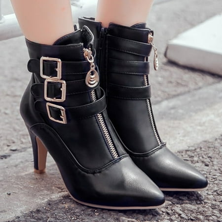 

ankle boots fashion women square high heels zipper solid color short boots pointed toe shoes