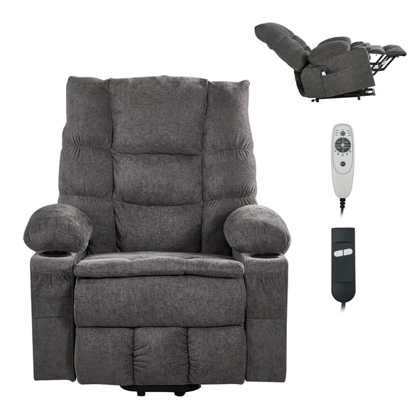 KFFKFF Electric Lift Recliner Chair with Heat and Massage, Adjustable Positions, Chenille Upholstery, Side Pockets, Cup Holders, and USB Port, Dark Gray