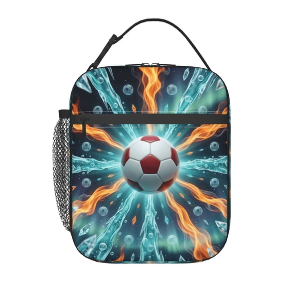 Soccer Insulated Lunch Box With Fire Soccer Pattern Print, Sports-themed Lunch Bags With Water Bottle Holder For Women Men, Reusable Portable Tote Meal Bags