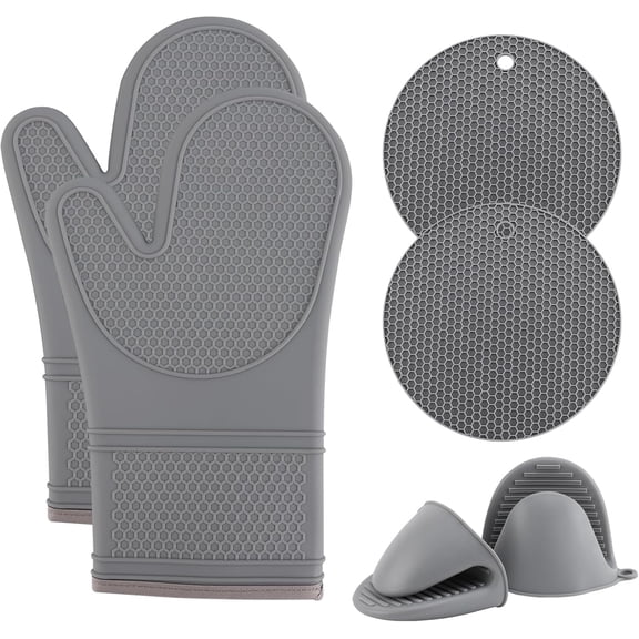 COOK WITH COLOR Silicone Oven Mitts and Pot Holders Set with Soft Quilted Lining, Gray, 6-Piece