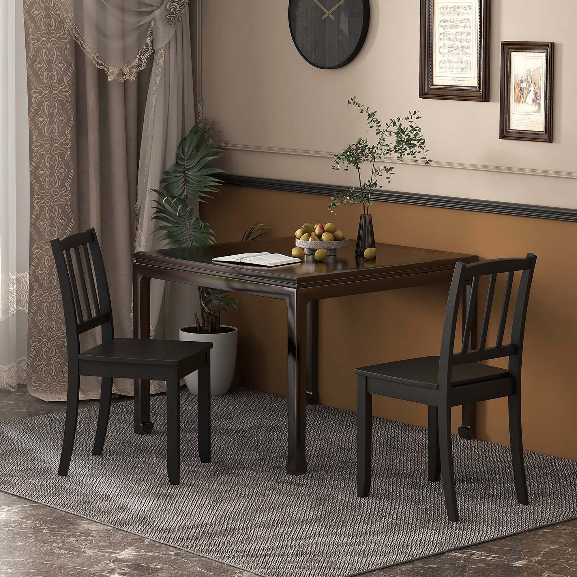 Costway Wood Dining Chair Set of 2 with Rubber Wood Legs Curved Backrest for Kitchen Black
