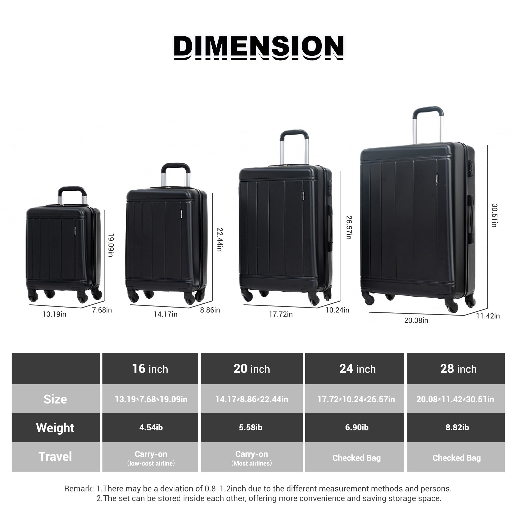 Tripcomp 6 Piece Hardside Spinner Luggage Set, 16/20/24/28 Inch Carry On & Checked Suitcase with TSA Lock, Lightweight Travel Luggage Combo with Backpack & Storage Bag,Black